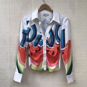 Fiorucci watermelon ruched button front long sleeve blouse